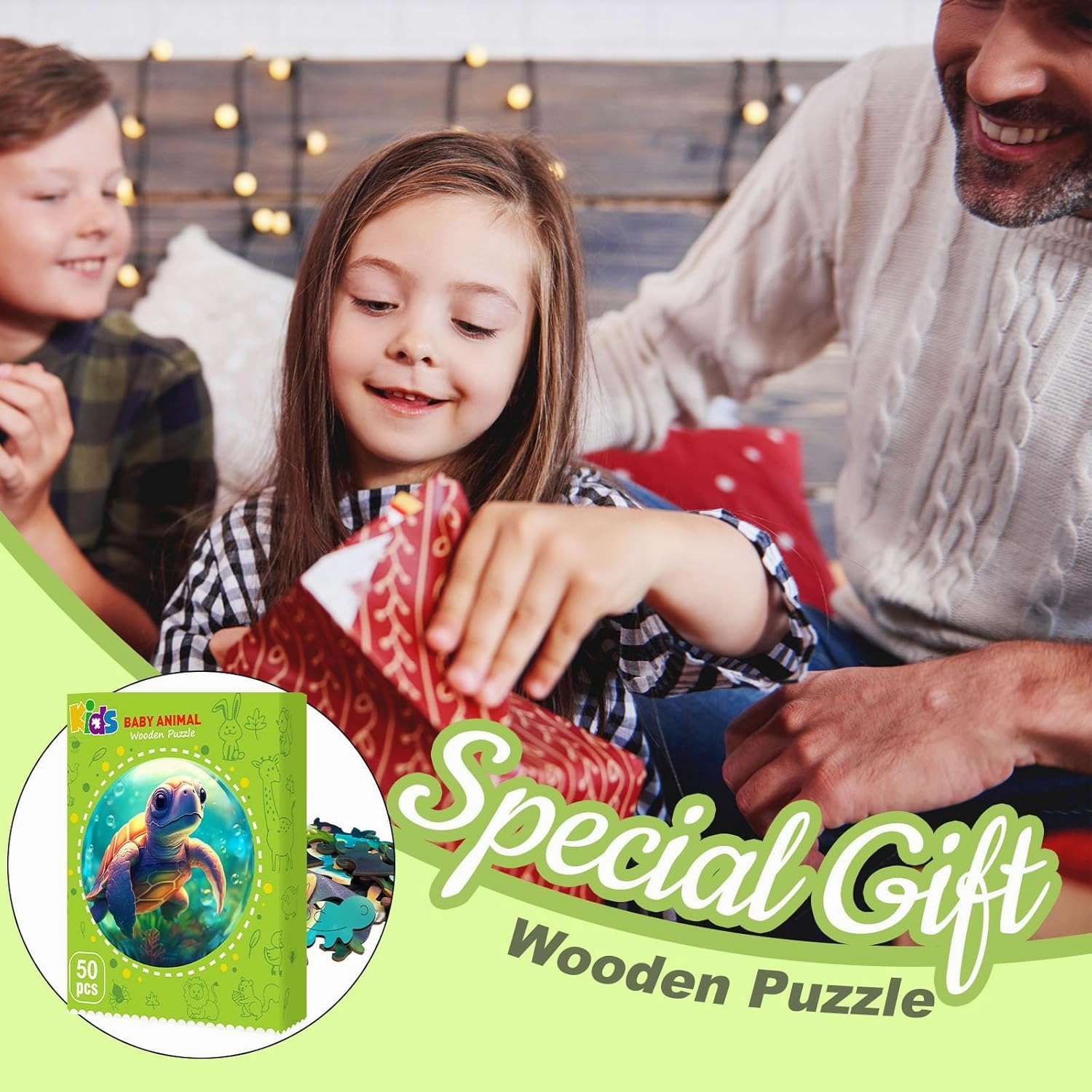 Easter Gifts for Kids Girls Boys, Easter Basket Stuffers, Wooden Jigsaw Puzzles for Kids Ages 4-6, 50 Piece Unique Shape Animal Theme Puzzle - Preschool Learning Educational Toys for Kid (Sea Turtle)