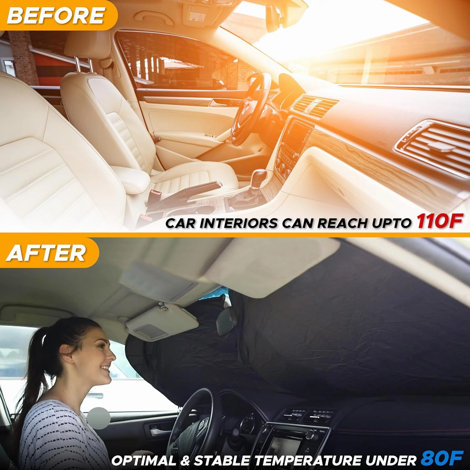 EcoNour Car Shade Front Windshield | Windshield Dash Protector for Maximum UV Rays and Sun Heat Protection | Sun Visor Car Interior Accessory for Cooler Interior | Large (64 x 34 inches)