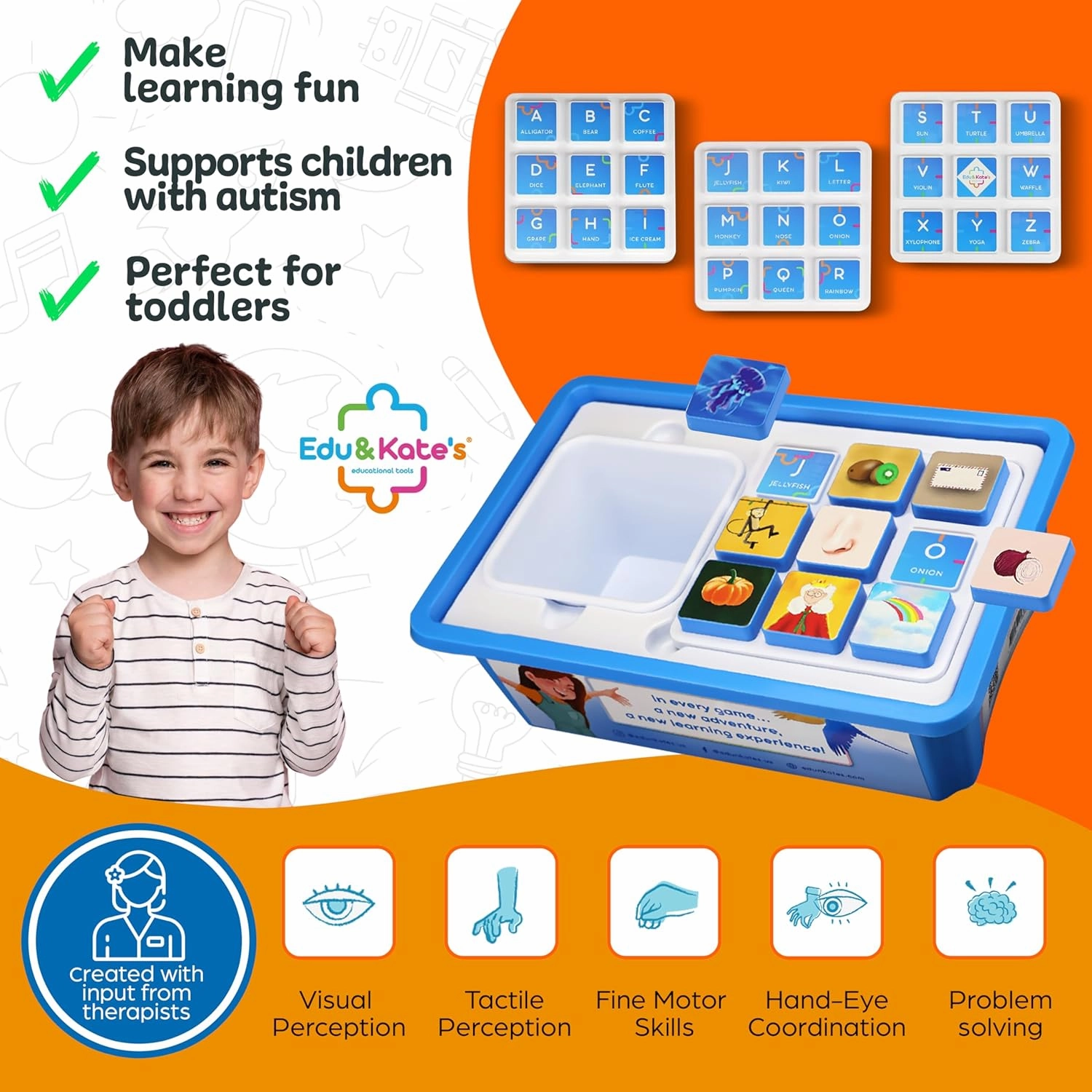 Edu&Kate’s Alphabet Learning Toys - ABC Montessori Educational Toy for Preschoolers & Kids with Autism - 27 Pcs, 3 Boards   Activity Box - Perfect as Occupational & Speech Therapy Materials - Stage 4