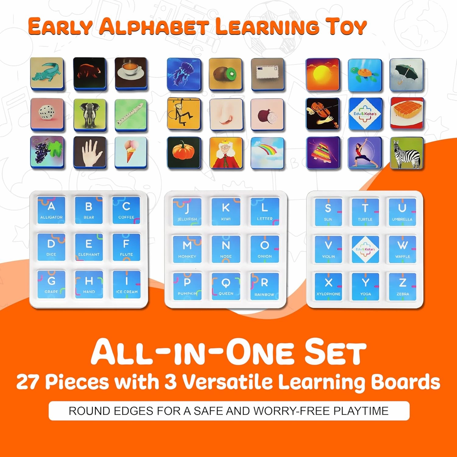Edu&Kate’s Alphabet Learning Toys - ABC Montessori Educational Toy for Preschoolers & Kids with Autism - 27 Pcs, 3 Boards   Activity Box - Perfect as Occupational & Speech Therapy Materials - Stage 4