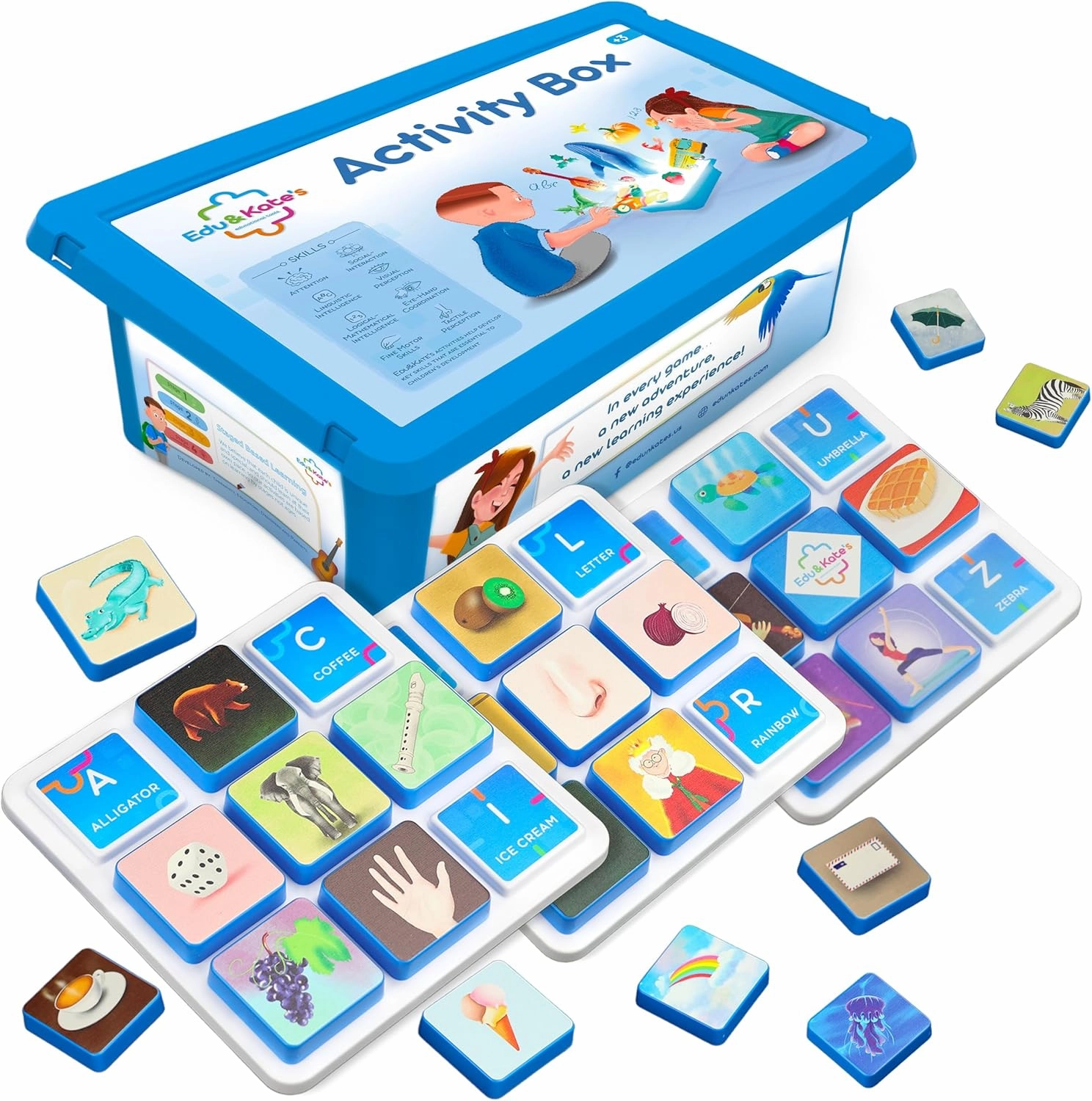 Edu&Kate’s Alphabet Learning Toys - ABC Montessori Educational Toy for Preschoolers & Kids with Autism - 27 Pcs, 3 Boards   Activity Box - Perfect as Occupational & Speech Therapy Materials - Stage 4