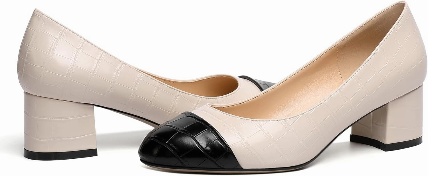 Eldof Women's Round Cap Toe Block Heels Slip On Chunky Low Heel Pumps for Wedding Party Office Classic Dress Shoes 2 Inches
