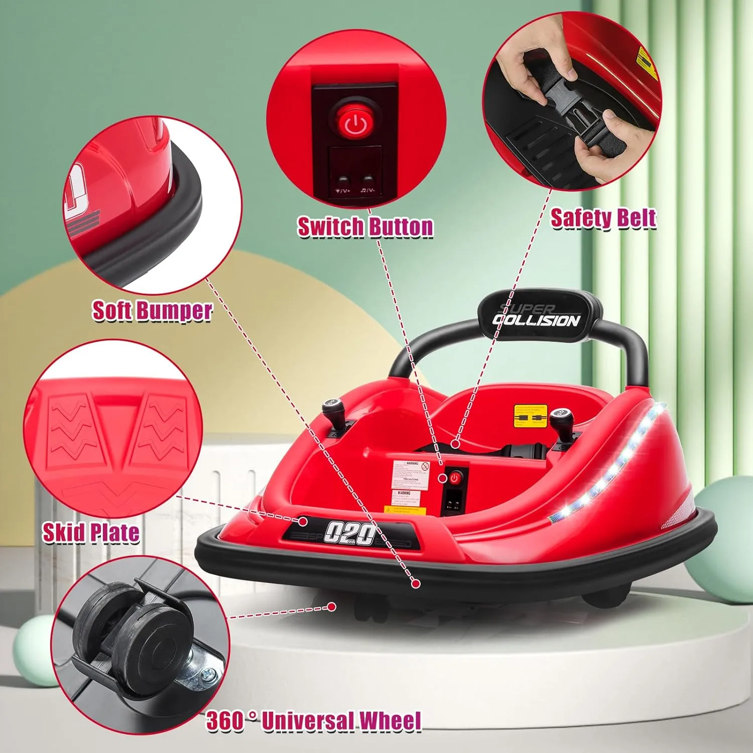 Electric Bumper Car for Toddlers, 12V Electric Ride on Car for Kids with Remote, 360 Degree Spin, 2-Speed, Music, LED Lights, Ages 1.5-8 Years Old, Bumper Car for Birthday Gift(Red)