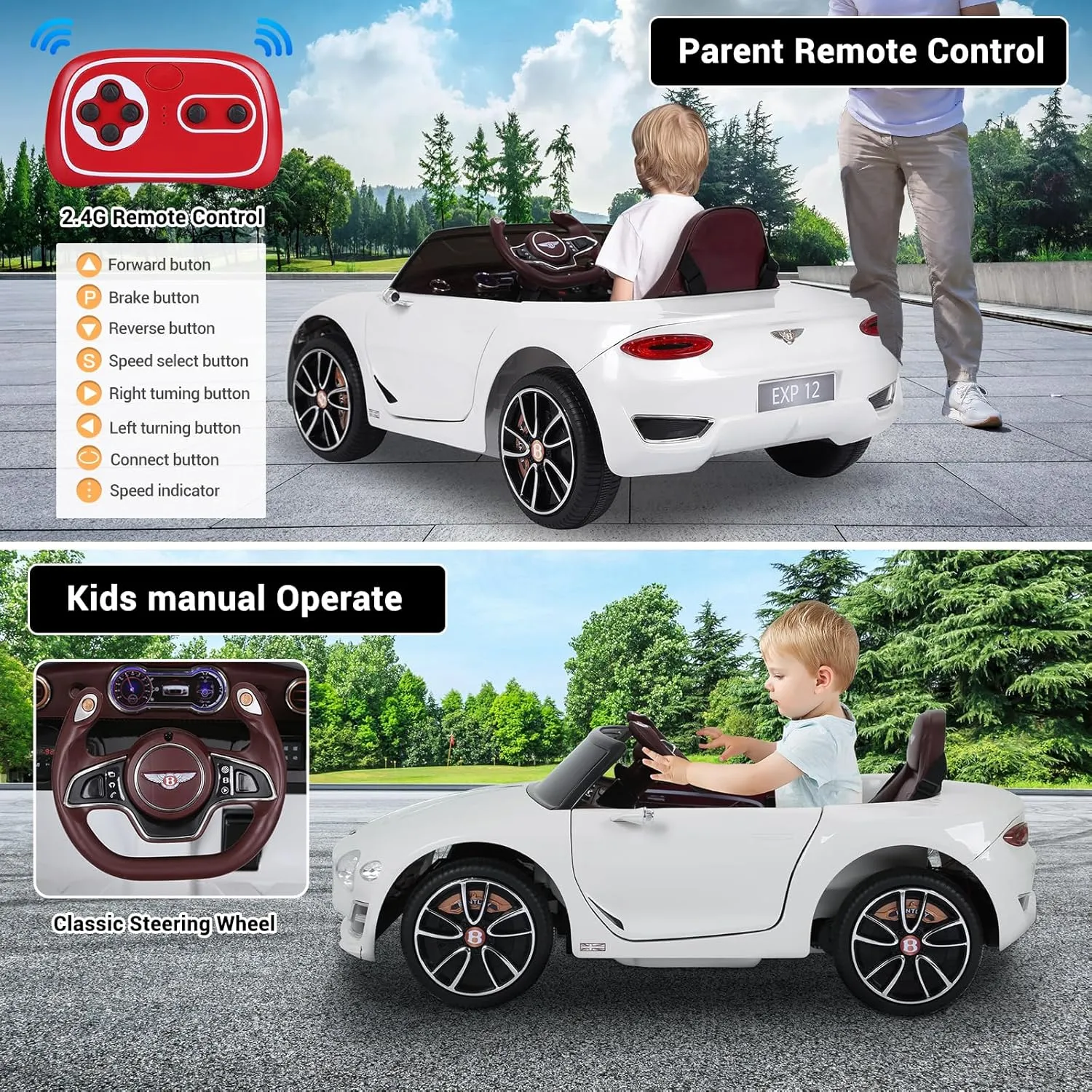 Electric Kids Ride On Cars Toy, 12V Battery Powered Licensed Bentley Vehicles with Parent Remote Control, Headlights, MP3, USB Port, Horn and Double Doors, for Boys and Girls