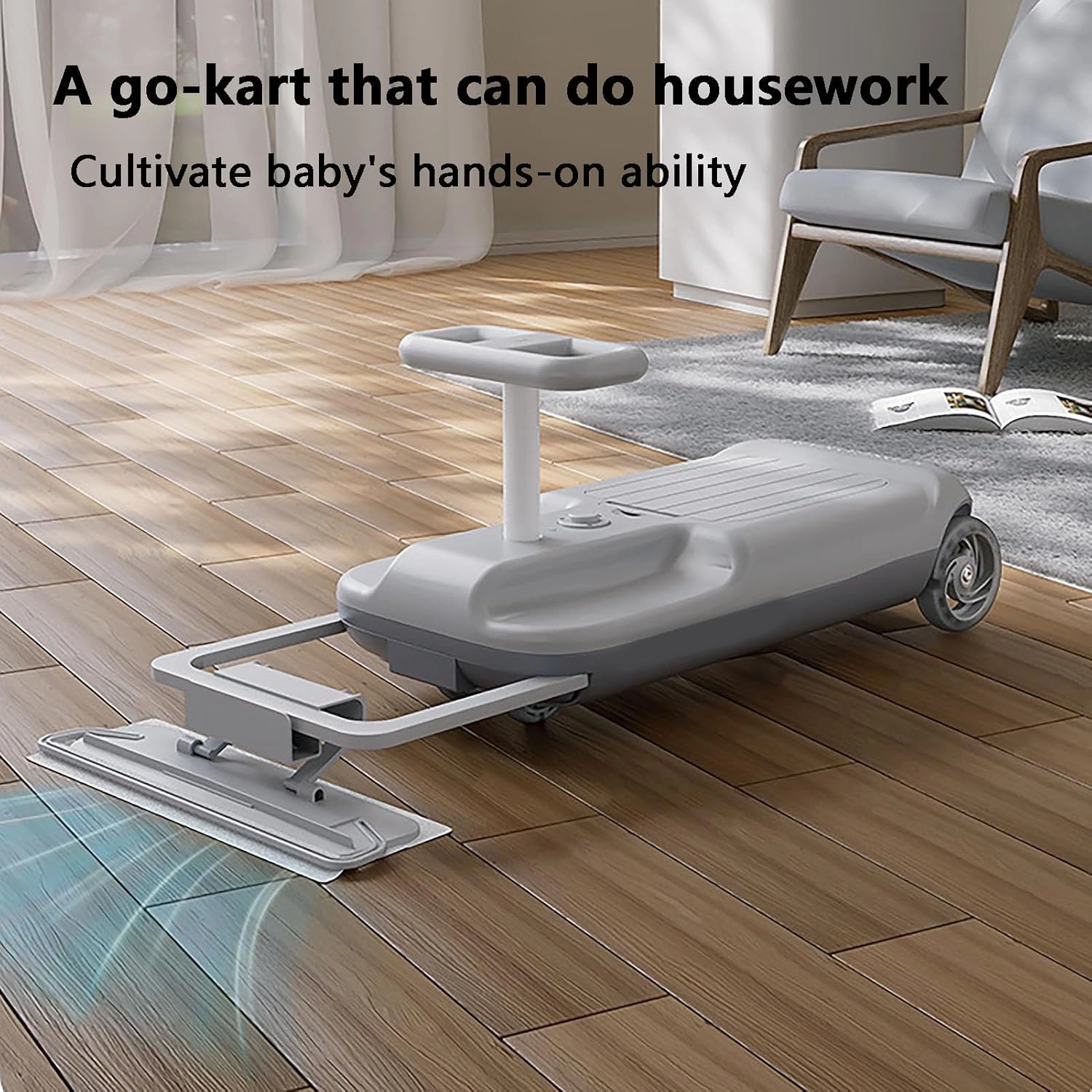 Electric Cleaning Go Kart, Kids Cleaning Go Kart,with 5 Speed Adjustable,Detachable Mop,Outdoor & Indoor Fun for Kids Ages 3 (Color:Light Grey)