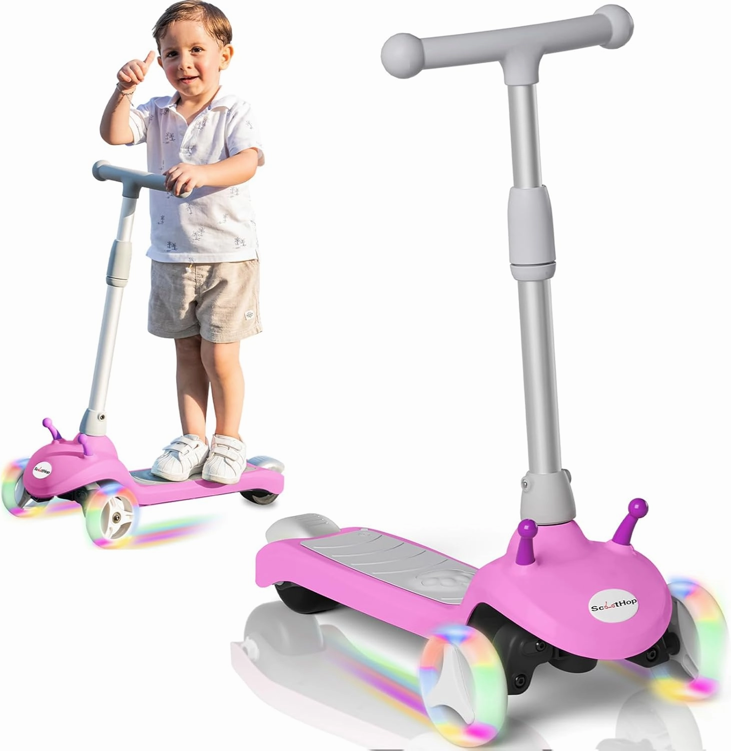 Electric Scooter for Kids Ages 3-8, 3-Wheel Electric Scooter, Kids Electric Scooter with LED Light-up Wheels, 3 Height Adjustable, C-Shaped Handle, Lean-to Steer Design, Gift for Boys/Girls