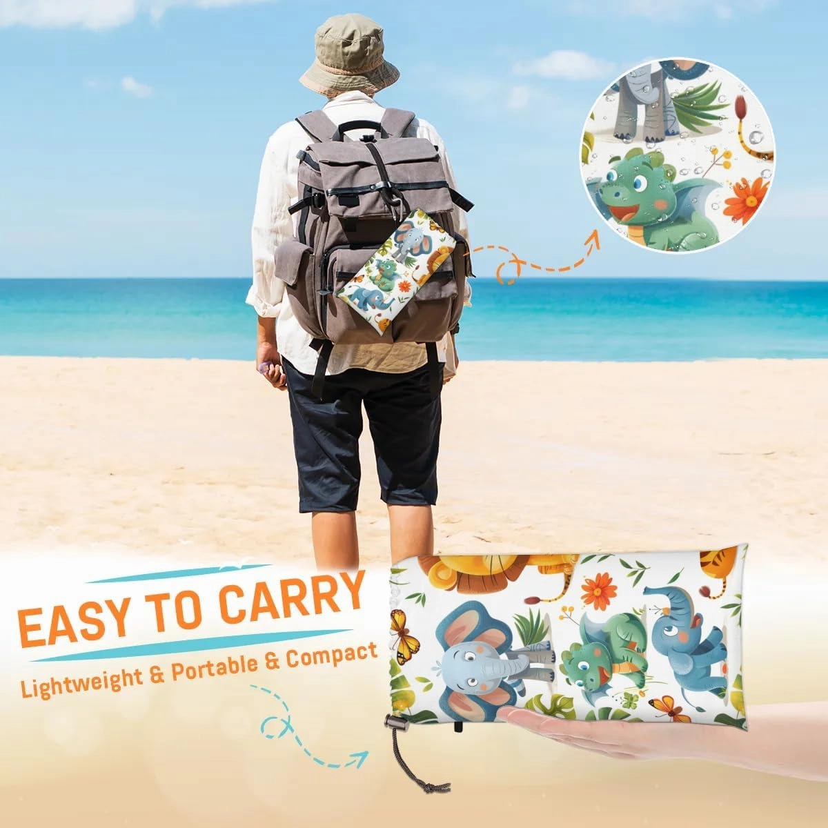 Elephant Lion Dinosaur Giraffe Beach Blanket, Sandproof Beach Mat, 68 x 59 Waterproof Quick Drying Sand Free Mat with 4 x Ground Spikes for Outdoor Travel Camping Hiking, Animals