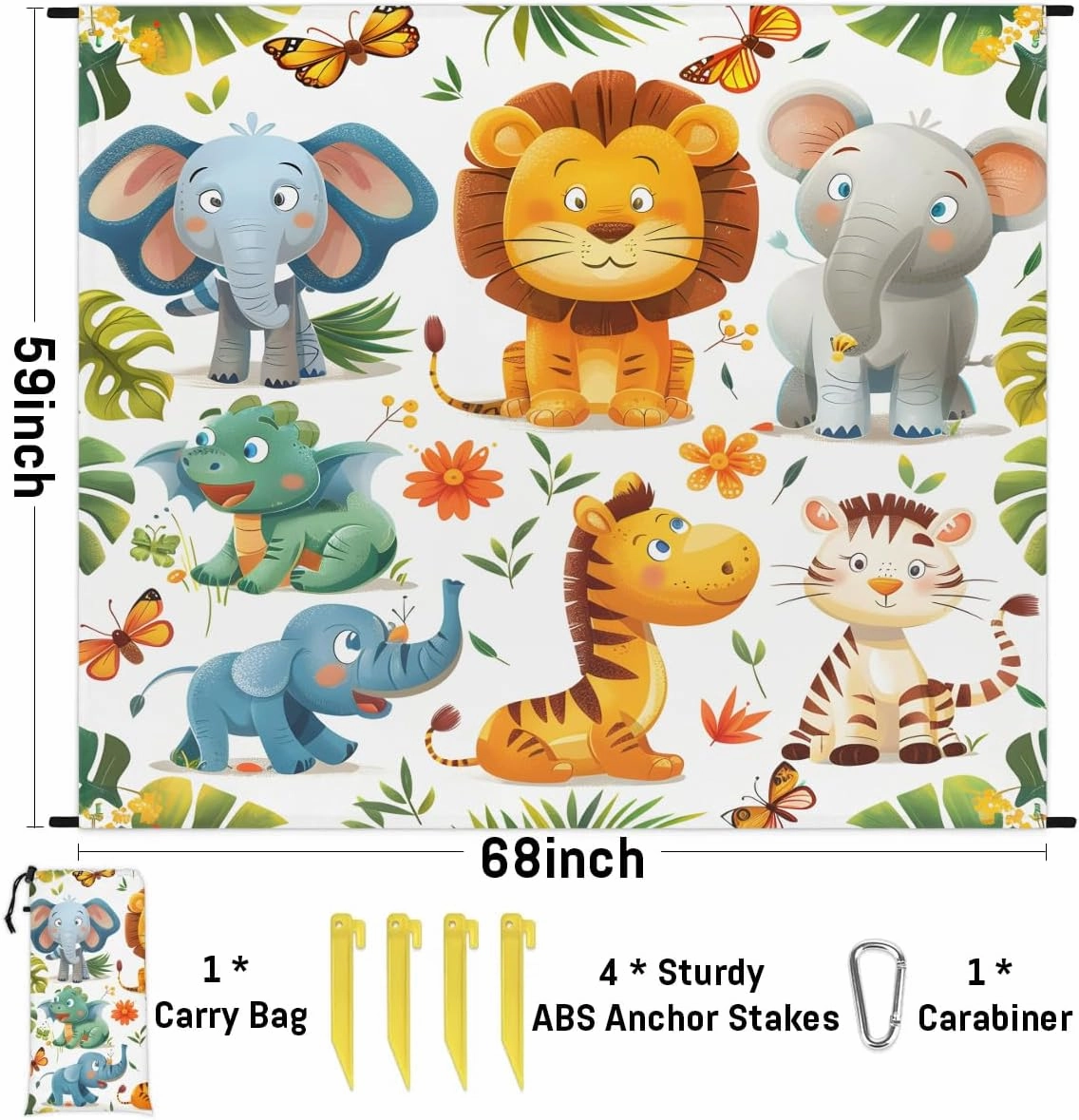 Elephant Lion Dinosaur Giraffe Beach Blanket, Sandproof Beach Mat, 68 x 59 Waterproof Quick Drying Sand Free Mat with 4 x Ground Spikes for Outdoor Travel Camping Hiking, Animals