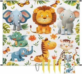 Elephant Lion Dinosaur Giraffe Beach Blanket, Sandproof Beach Mat, 68 x 59 Waterproof Quick Drying Sand Free Mat with 4 x Ground Spikes for Outdoor Travel Camping Hiking, Animals