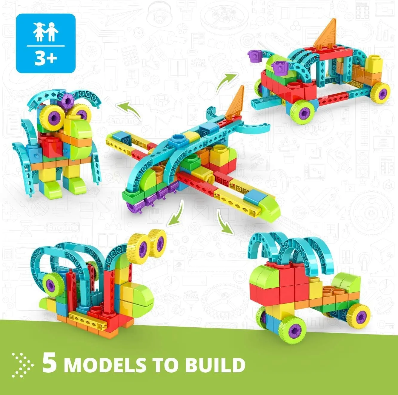 Engino: Qboidz Airplane - 5 Model Brick Building Set, Toy Construction, Coloring & Math Activities, Stack & Click Assembly, STEM Play & Learn, Kids 3 