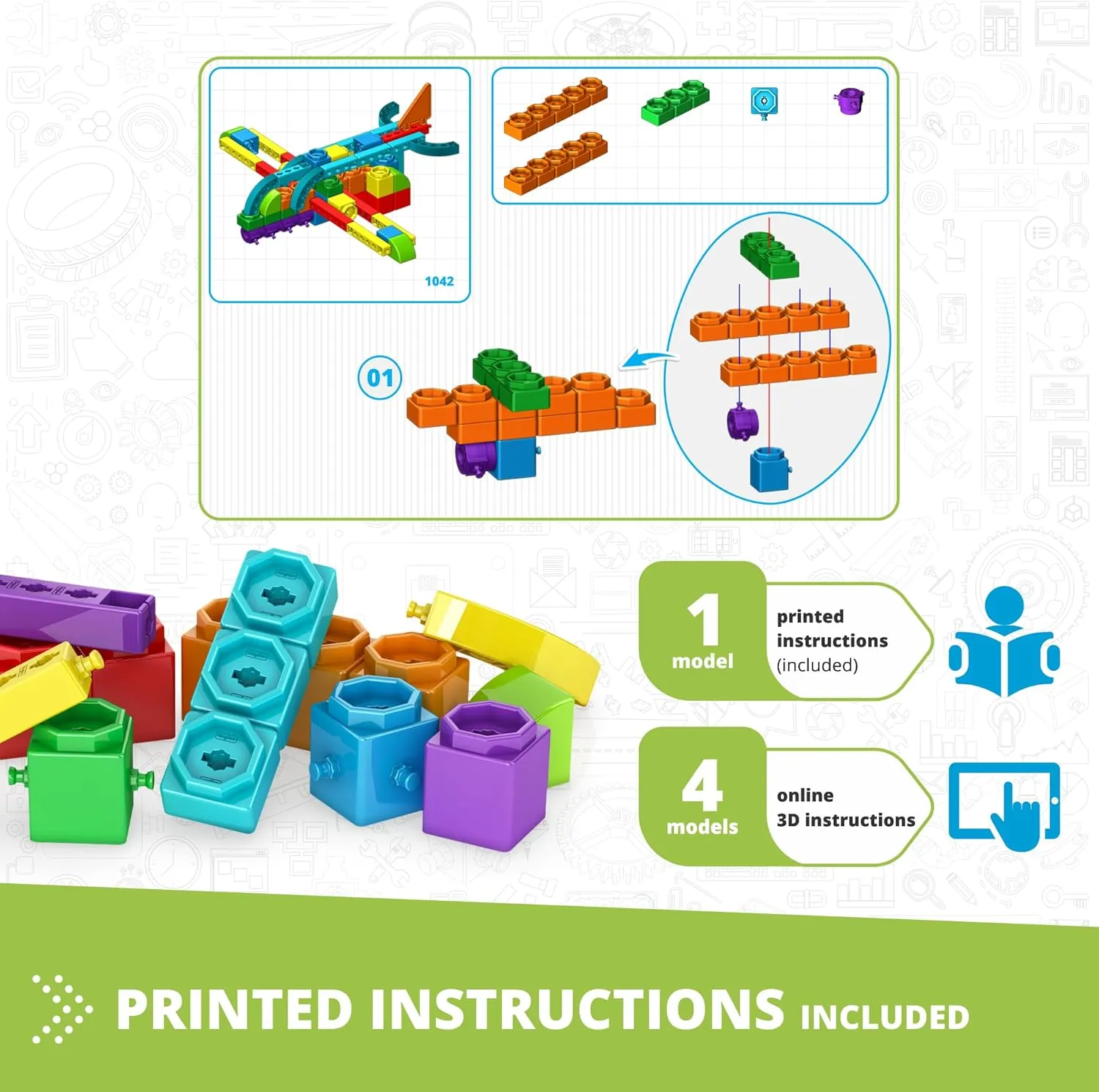 Engino: Qboidz Airplane - 5 Model Brick Building Set, Toy Construction, Coloring & Math Activities, Stack & Click Assembly, STEM Play & Learn, Kids 3 