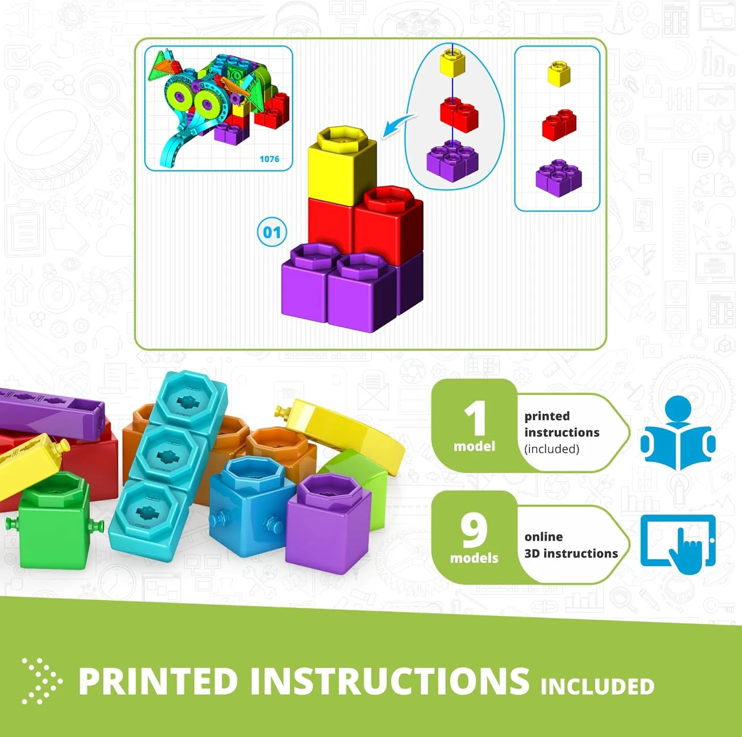 Engino: Qboidz Elephant - 10 Model Brick Building Set, Toy Construction, Coloring & Math Activities, Stack & Click Assembly, STEM Play-Learn, Kids 4 