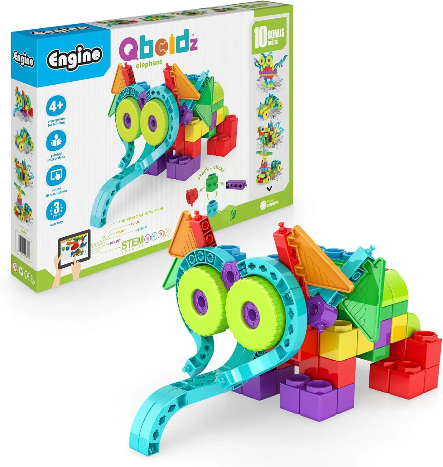 Engino: Qboidz Elephant - 10 Model Brick Building Set, Toy Construction, Coloring & Math Activities, Stack & Click Assembly, STEM Play-Learn, Kids 4 