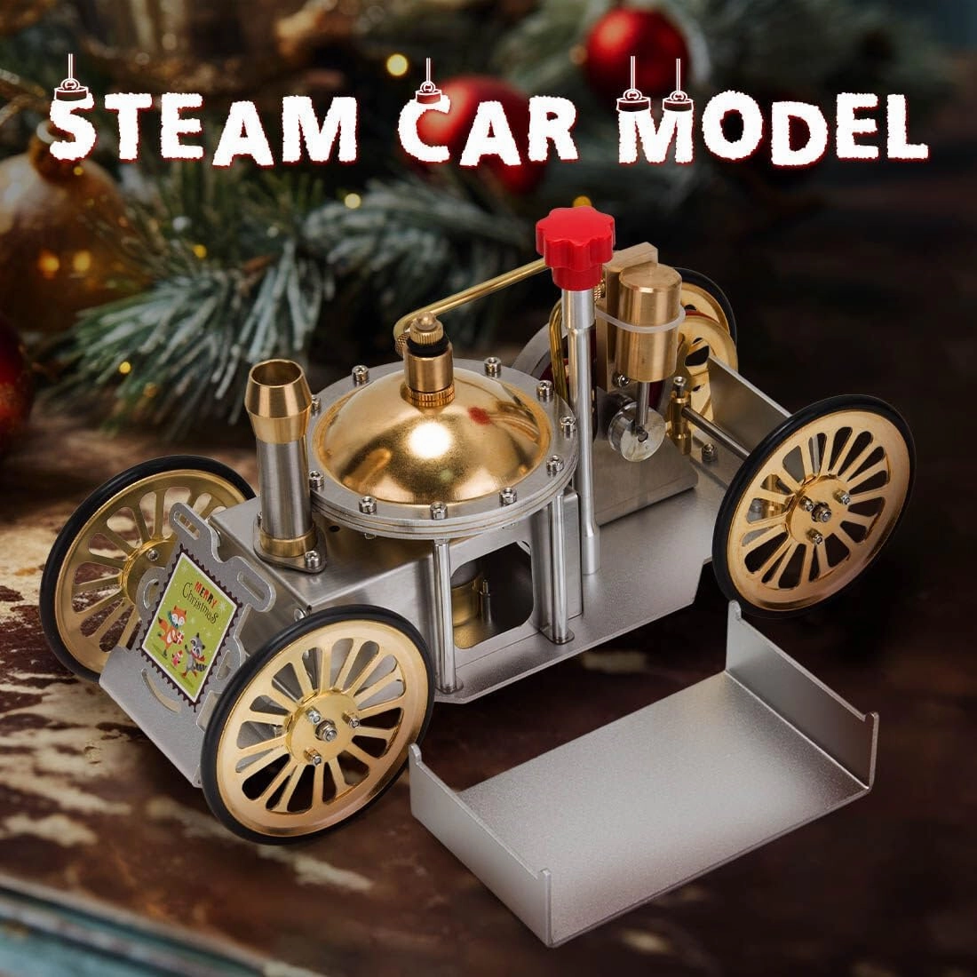 ENJOMOR Christmas-Themed Metal Steam-Powered Car Model, Educational Collectible Gift for Adults (Assembled Version)