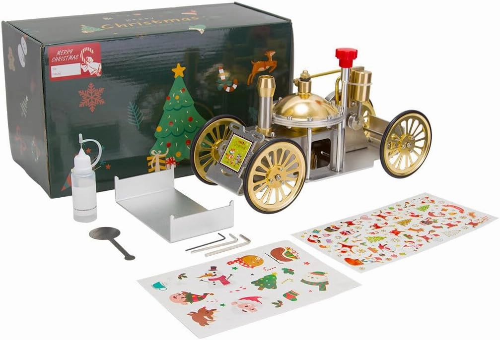 ENJOMOR Christmas-Themed Metal Steam-Powered Car Model, Educational Collectible Gift for Adults (Assembled Version)
