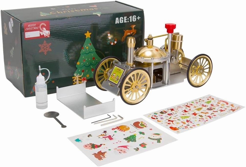 ENJOMOR Christmas-Themed Metal Steam-Powered Car Model, Educational Collectible Gift for Adults (Assembled Version)