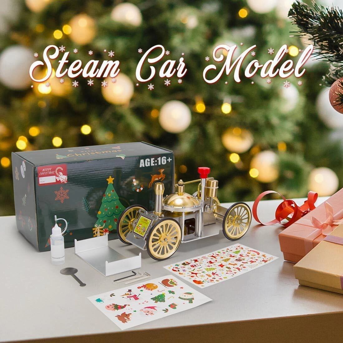 ENJOMOR Christmas-Themed Metal Steam-Powered Car Model, Educational Collectible Gift for Adults (Assembled Version)