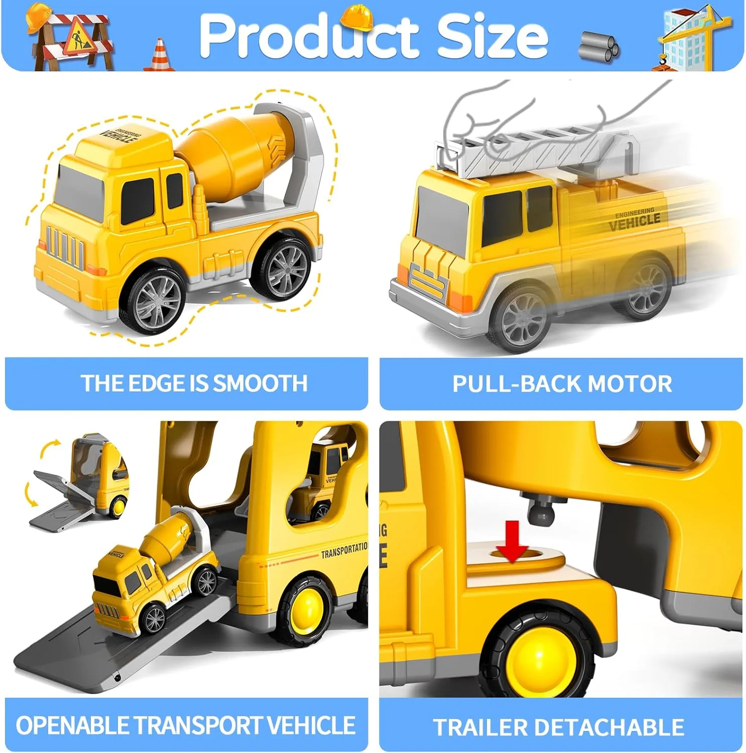 EPPO Engineering Monster Trucks Toys for 2-4 Years Old Toddlers 5 in 1 Construction Transporter, Lights and Sounds, Excavator, Bulldozer, Crane, Lights and Sounds, Birthday Gifts