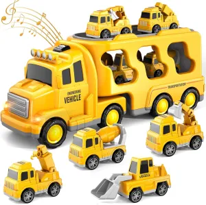 EPPO Engineering Monster Trucks Toys for 2-4 Years Old Toddlers 5 in 1 Construction Transporter, Lights and Sounds, Excavator, Bulldozer, Crane, Lights and Sounds, Birthday Gifts