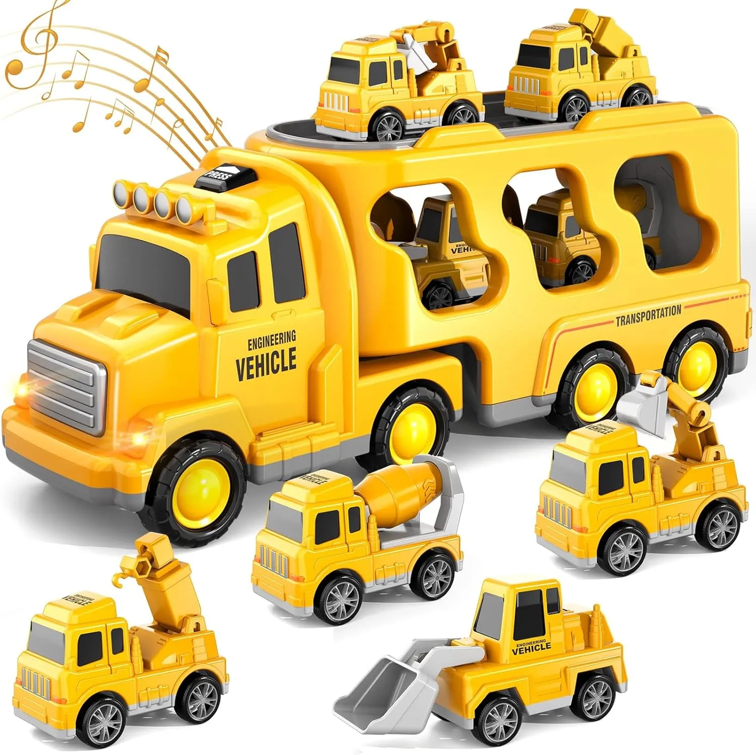 EPPO Engineering Monster Trucks Toys for 2-4 Years Old Toddlers 5 in 1 Construction Transporter, Lights and Sounds, Excavator, Bulldozer, Crane, Lights and Sounds, Birthday Gifts