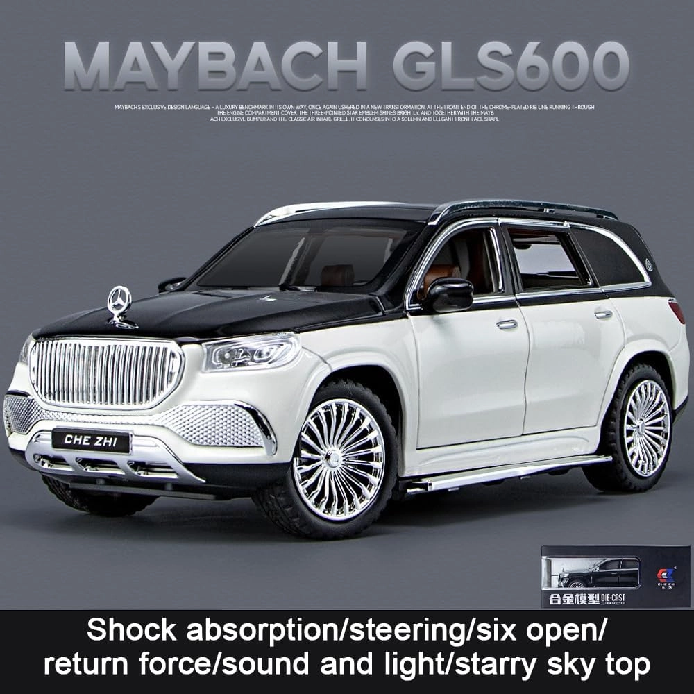 EROCK 1:24 Benz Toy car, Benz Maybach GLS600 Alloy car Model Toys, with Sound and Light Function, Suitable for Adults and Children as Gifts, Collectibles, Decorations. (White Black-GLS600)