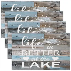 Erosebridal Set of 4 Lake Placemats 12x18 for Boys Girls,Rustic Farmhouse Wooden Board Place Mats,Life is Better at The Lake Table Mats,Romantic Love Pattern Waterproof Placemats for Kitchen Table