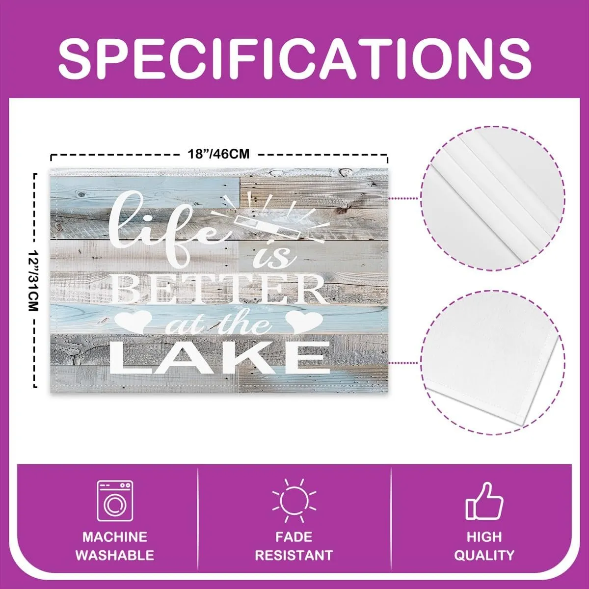 Erosebridal Set of 4 Lake Placemats 12x18 for Boys Girls,Rustic Farmhouse Wooden Board Place Mats,Life is Better at The Lake Table Mats,Romantic Love Pattern Waterproof Placemats for Kitchen Table