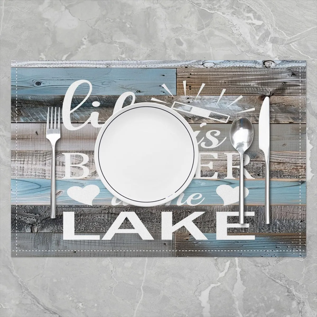 Erosebridal Set of 4 Lake Placemats 12x18 for Boys Girls,Rustic Farmhouse Wooden Board Place Mats,Life is Better at The Lake Table Mats,Romantic Love Pattern Waterproof Placemats for Kitchen Table