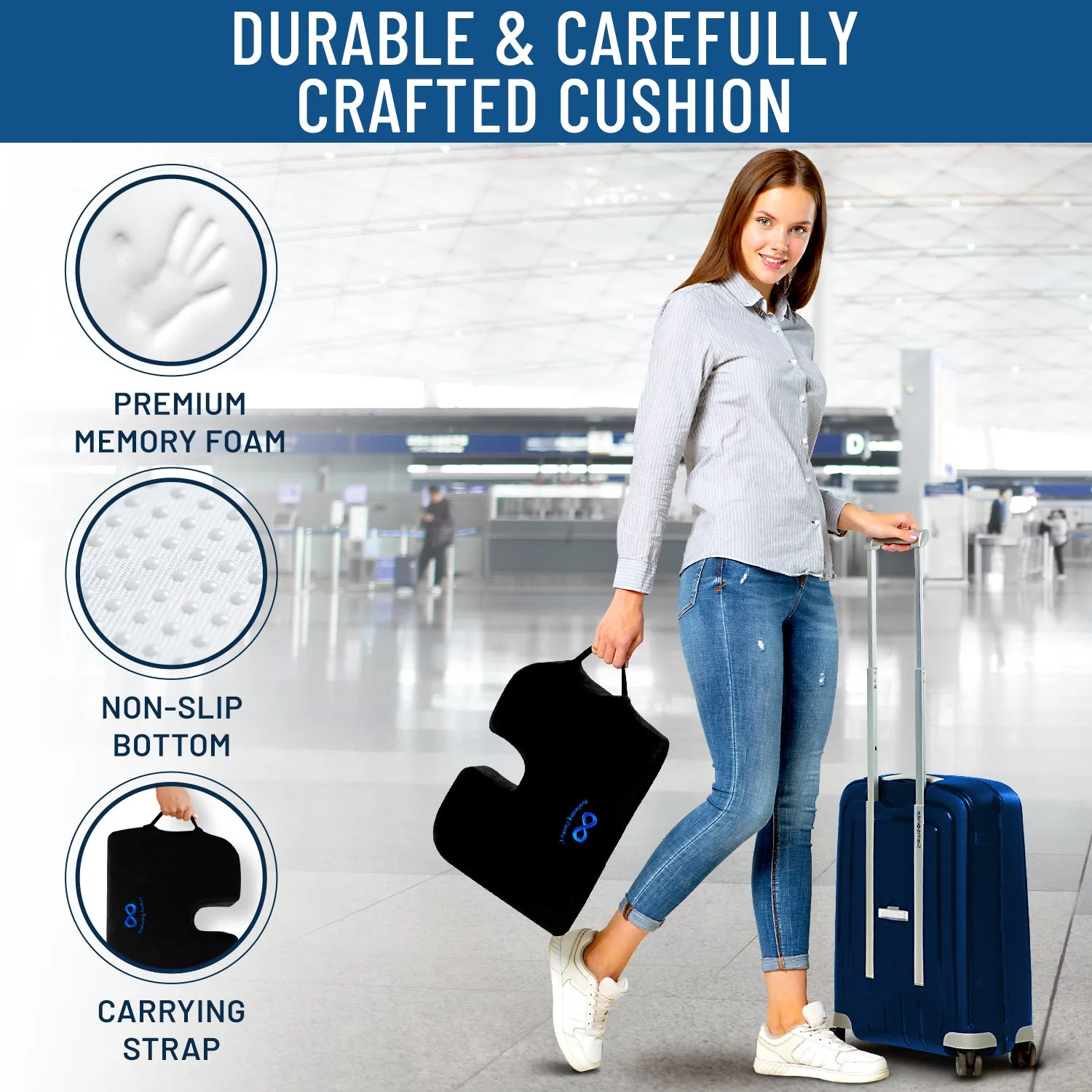 Everlasting Comfort Memory Foam Car Seat Cushion - Tailbone Pain Relief, Driving Seat Cushion for Short People - Office, Wheelchair, Gaming Chair, Travel - Non-Slip, Washable Cover
