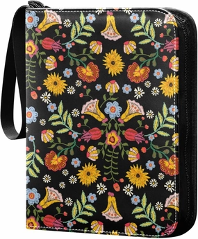 Exnundod 4 Pocket Trading Card Binder Embroidery Ethnic Sunflower PU Leather Card Collection Binder Colorful Flowers 400 Cards Organizer Binder Collectible Trading Card Albums for Sports Game Card