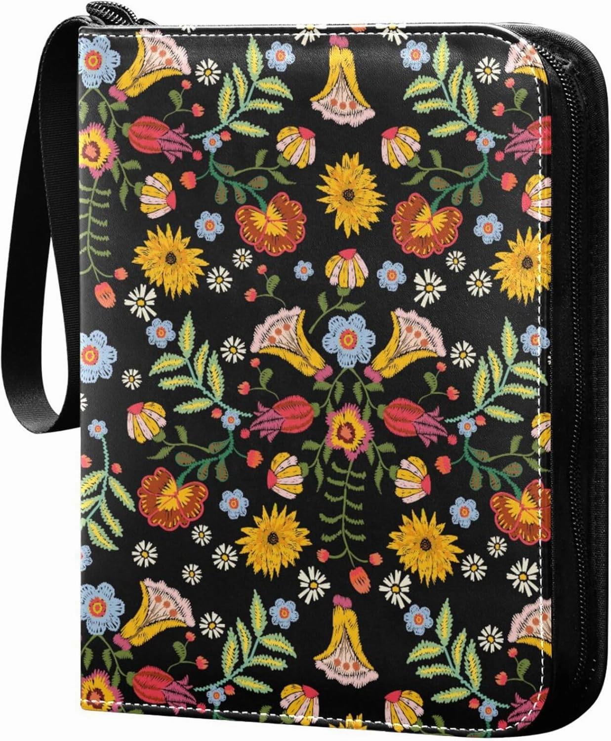 Exnundod 4 Pocket Trading Card Binder Embroidery Ethnic Sunflower PU Leather Card Collection Binder Colorful Flowers 400 Cards Organizer Binder Collectible Trading Card Albums for Sports Game Card