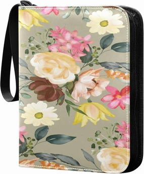 Exnundod 4 Pocket Trading Card Binder Watercolor Floral Poppy, PU Leather Card Collection Binder Spring Colorful 400 Cards Organizer Binder Collectible Trading Card Albums for Sports Game Card
