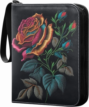 Exnundod Embroidery Colorful Rose Trading Card Binder for Cards, Flowers Buds Leaves Card Album 4-Pockets for 400 Cards with Removable Sleeves PU Baseball Card Holder Football Sports Card Collection