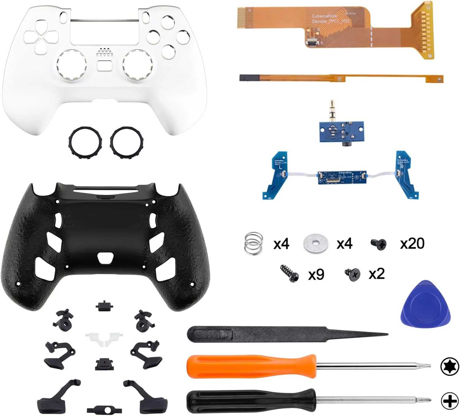 eXtremeRate White Decade Tournament Controller (DTC) Upgrade Kit for PS4 Controller JDM-040/050/055, Upgrade Board & Ergonomic Shell & Back Buttons & Trigger Stops - Controller NOT Included
