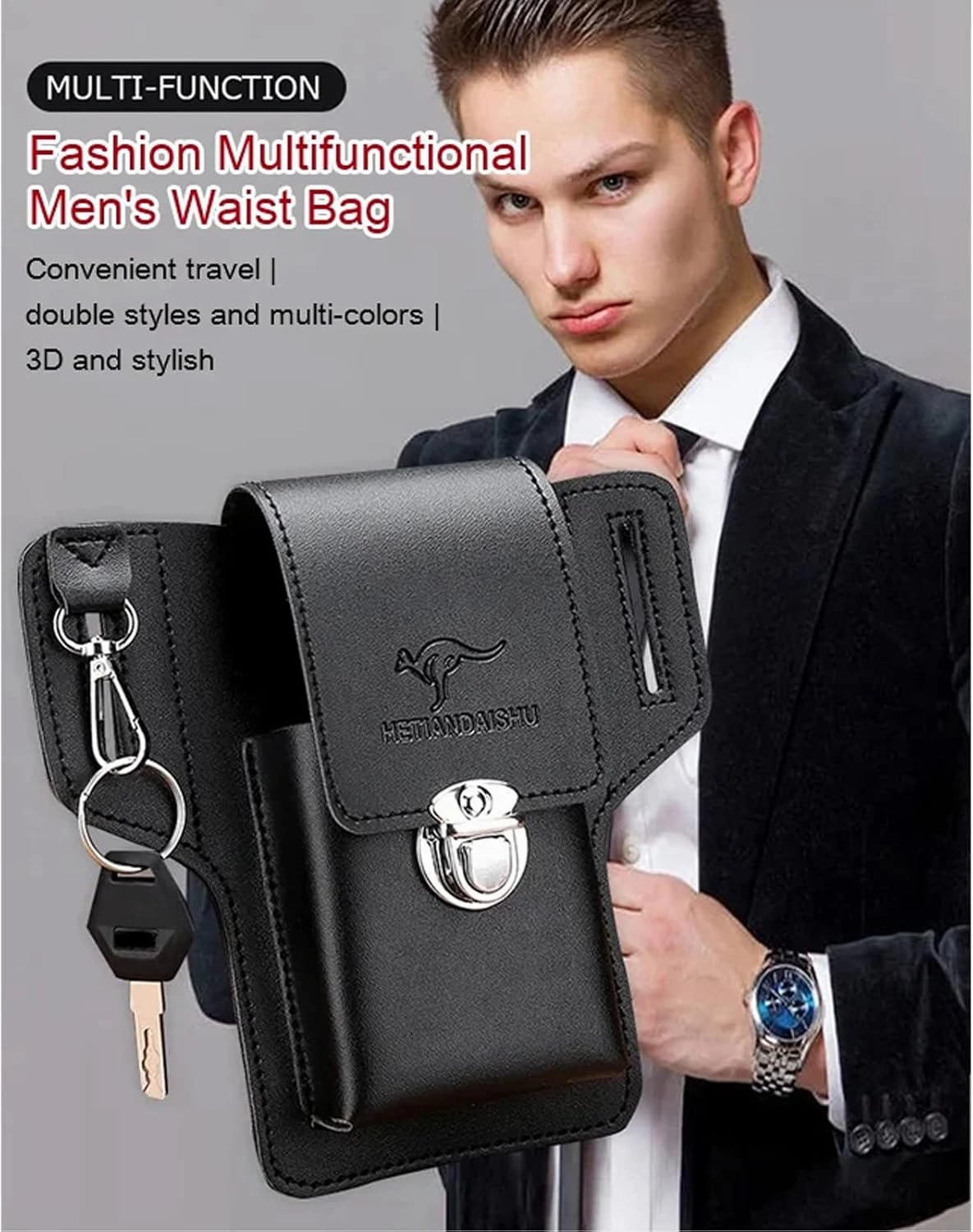 Fanny Pack for Men PU Leather Hiking Waist Bag Multifunction Waist Pouch Slim Belt Bag Chest Bag Fit (1 PC, Black)