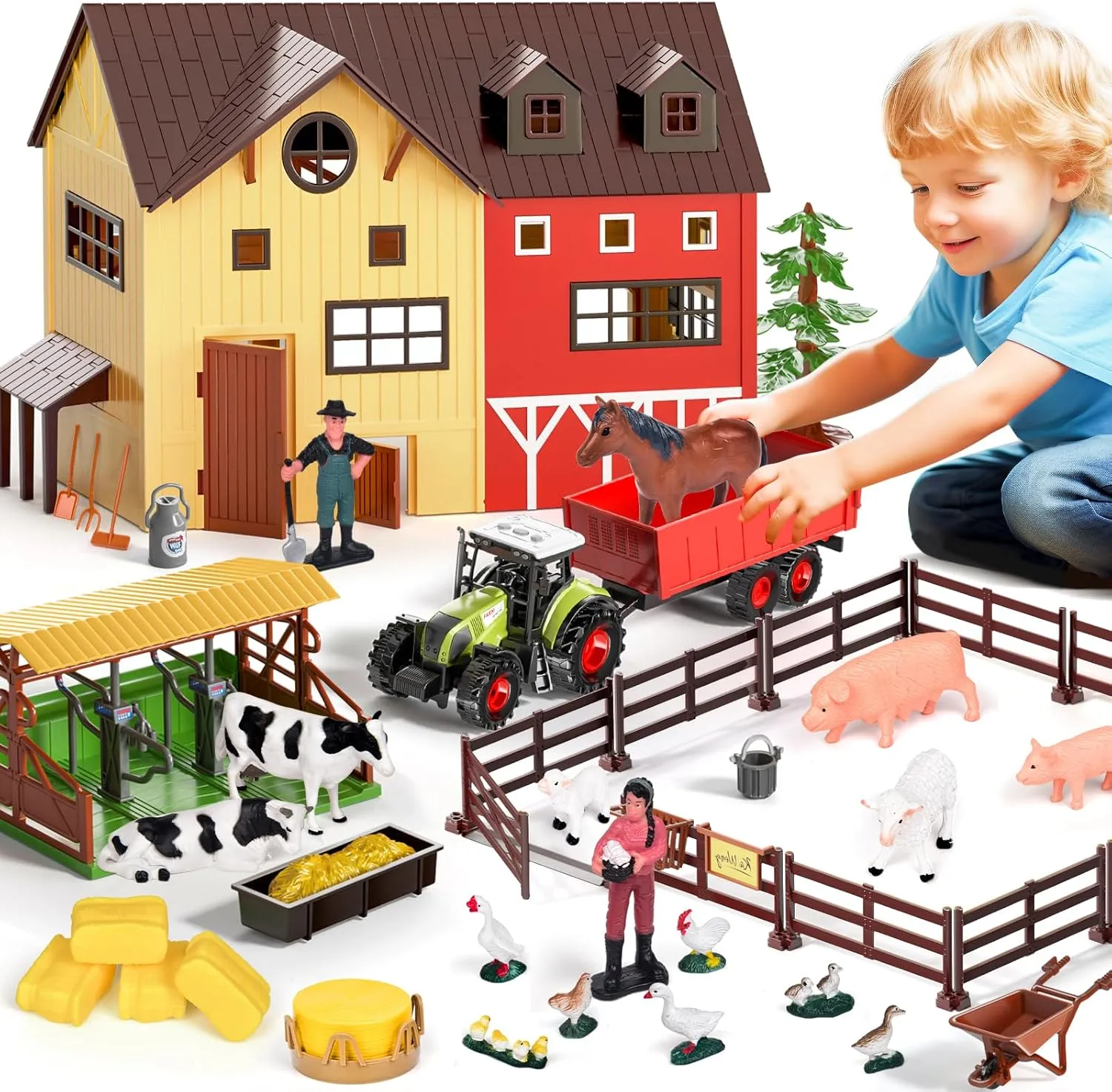 Farm Animals Barn House Toys - Kids Tractor Toy with Lights & Sound, Horse Stable, Cowshed, Chicken Fence, Animal, Farm Accessories, Easter Birthday Gifts for Boys Toddlers Ages 3 