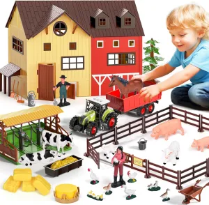 Farm Animals Barn House Toys - Kids Tractor Toy with Lights & Sound, Horse Stable, Cowshed, Chicken Fence, Animal, Farm Accessories, Easter Birthday Gifts for Boys Toddlers Ages 3 