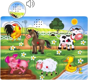 Farm Animals Sound Puzzle, Wooden Peg Puzzles with Sound for Toddlers and Preschoolers Ages 2yrs , Kids Educational Learning Peg Puzzles Toy Gift (6pcs)