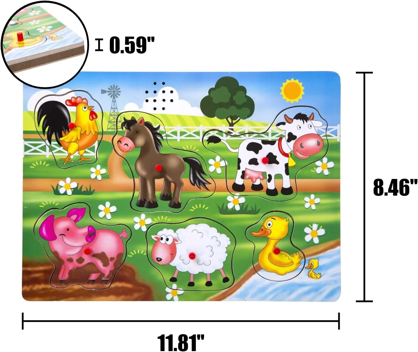 Farm Animals Sound Puzzle, Wooden Peg Puzzles with Sound for Toddlers and Preschoolers Ages 2yrs , Kids Educational Learning Peg Puzzles Toy Gift (6pcs)