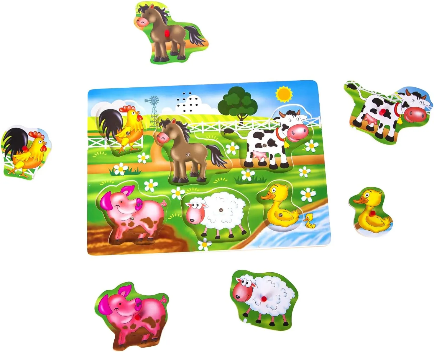 Farm Animals Sound Puzzle, Wooden Peg Puzzles with Sound for Toddlers and Preschoolers Ages 2yrs , Kids Educational Learning Peg Puzzles Toy Gift (6pcs)