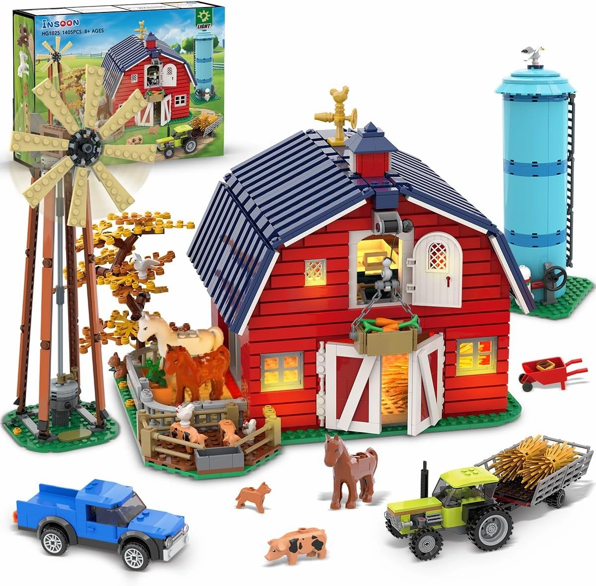 Farm Barn Building Set with LED, Western Farm House Building Block with Windmill Tractor Horse Animals 1405 PCS, Big Barn Construction Toy Brick Kit for Adults Teens Boys Girls 10-12 