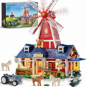 Farm House Building Set with Light, 1810 PCS Mechanical Farm Barn Building Block Toy with Windmill Tractor Animal Horse Stable, Construction Model for Easter for Adults Teens Boys Girls 12 