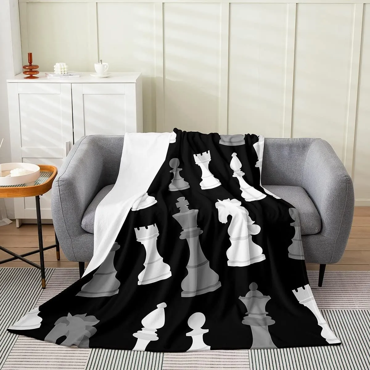 Feelyou Black White Grey International Chess All Season,Bed Blanket Set Chess Board Game Plush Throw Blanket, for Sofa Couch Kids Checkerboard Flannel Fleece Blanket Chess Lovers Twin 60"x80"