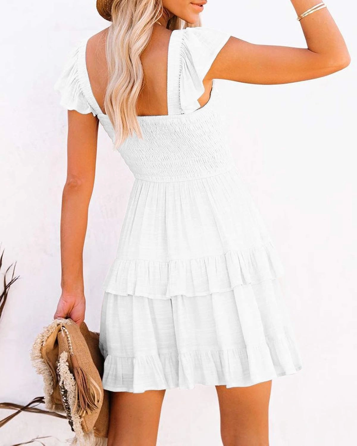 Fessceruna Womens Summer Ruffle Dresses Elastic Empire Waist A-line Layered Swing Flowy Mini Dress