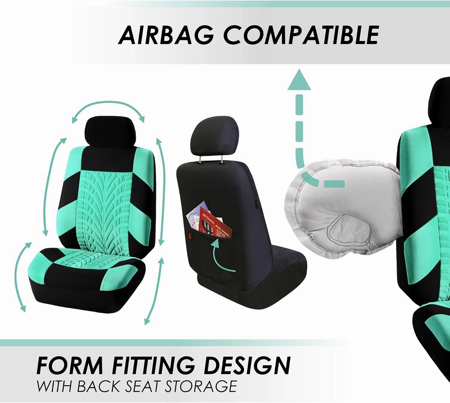 FH Group Full Set Premium Cloth Car Seat Covers - Universal Fit, Low Back Front Seat Covers, Airbag Compatible, Split Bench Rear Seat, Washable Seat Cover for SUV, Sedan, Mint