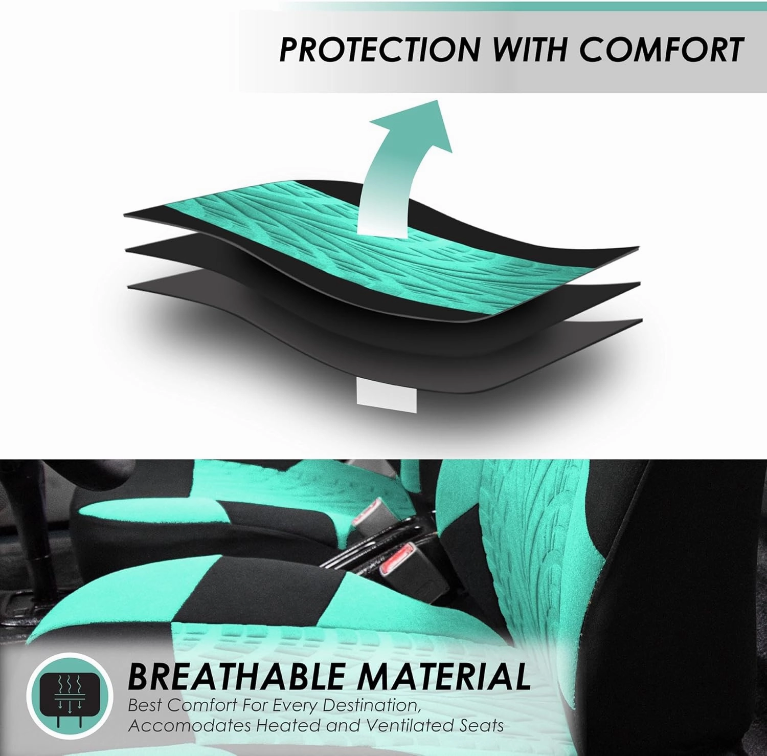 FH Group Full Set Premium Cloth Car Seat Covers - Universal Fit, Low Back Front Seat Covers, Airbag Compatible, Split Bench Rear Seat, Washable Seat Cover for SUV, Sedan, Mint