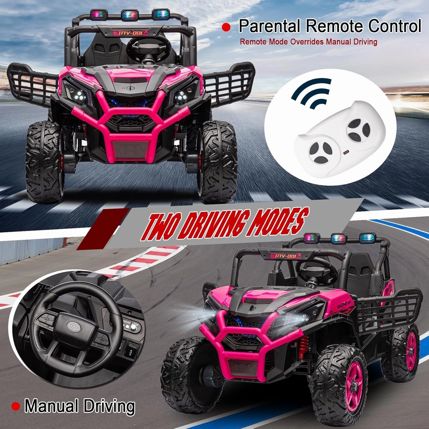FINITO 2 Seats 24V 4x4 Motorized Ride on UTV Ride on Toy Car Remote Control, Kids Electric Ride on UTV,Off-Road Electric Vehicles for Boys Girls, Pink