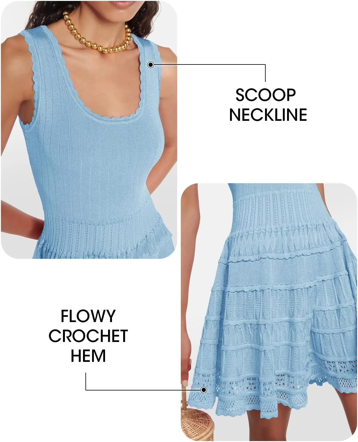 Fisoew Womens Summer Mini Dresses Casual Crewneck Knitted Crochet Hem Flowy Tank Sundress