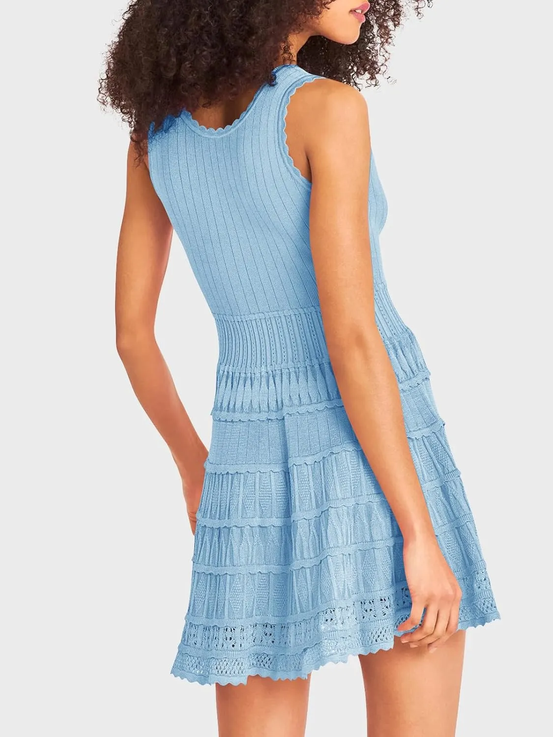 Fisoew Womens Summer Mini Dresses Casual Crewneck Knitted Crochet Hem Flowy Tank Sundress