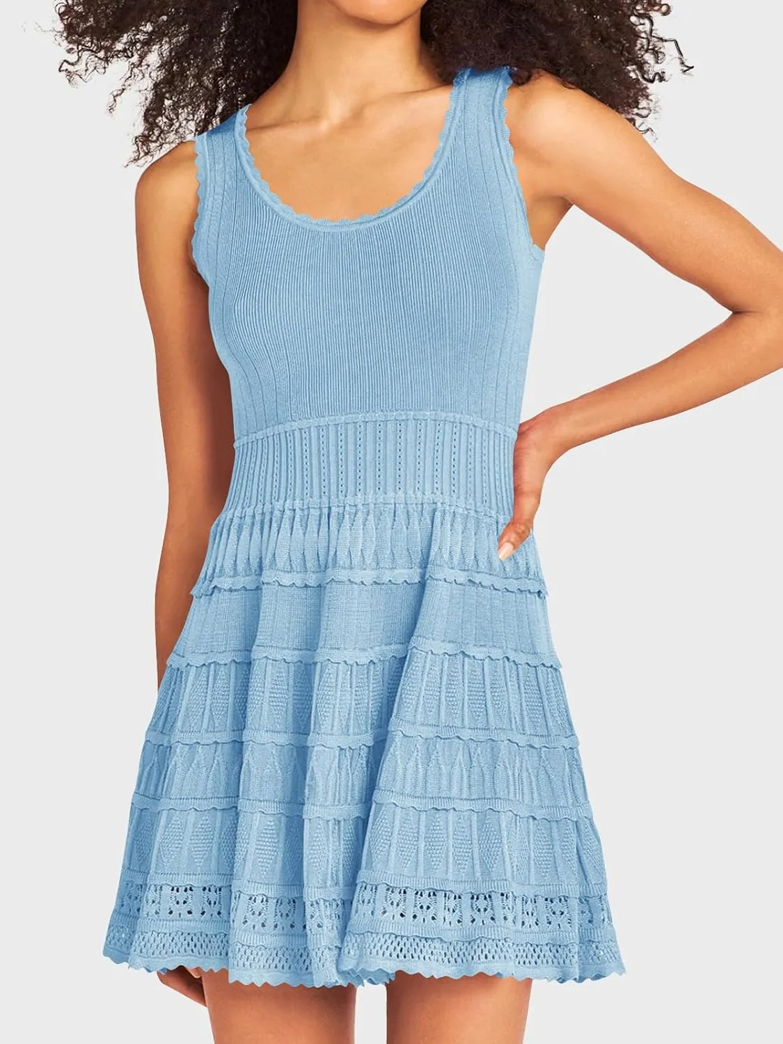 Fisoew Womens Summer Mini Dresses Casual Crewneck Knitted Crochet Hem Flowy Tank Sundress